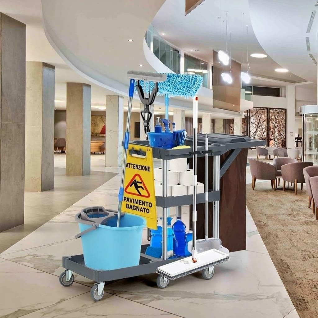 con Carrello pulizie professionale commerciale ruote robuste, sacco in vinile capiente, armadietti integrati, portata fino a 136 kg, ideal para hotel, oficinas y ambientes públicos