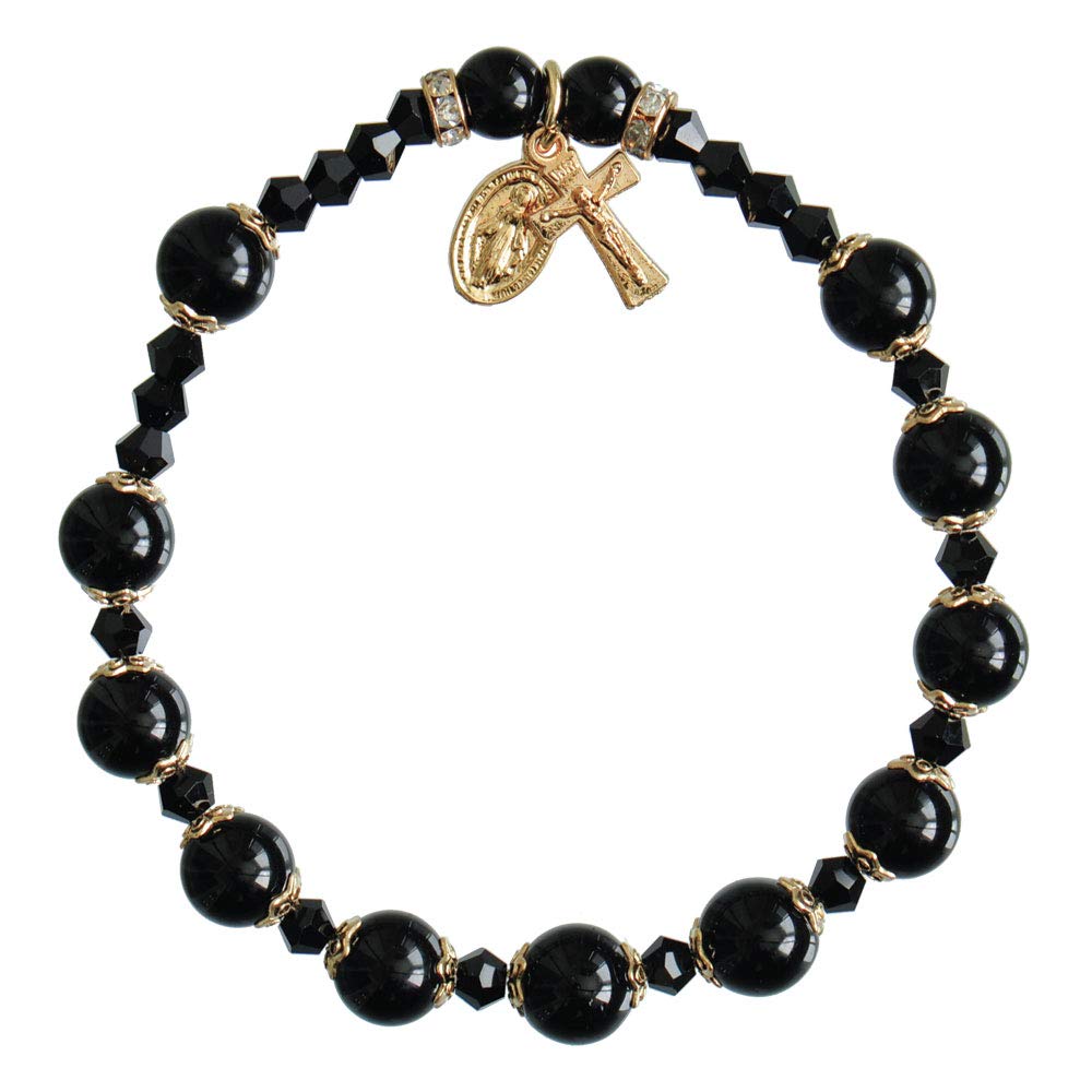 SINECERA Black Onyx/Gold Trim 8mm Rosary Bracelet