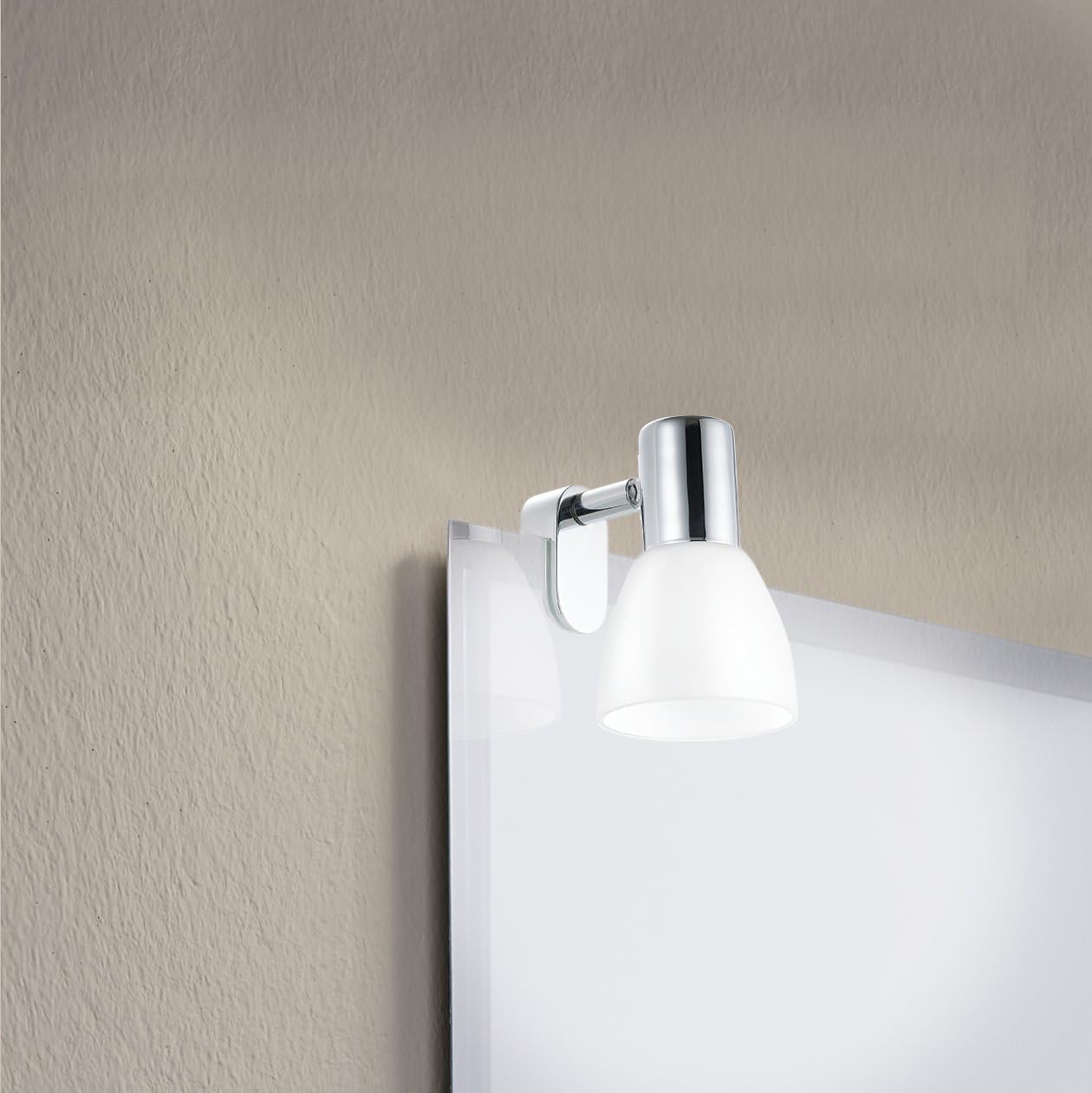 Eglo Lámpara de espejo con adhesivo, aplique de pared de metal y cristal opalino mate, lámpara para cuarto de baño en cromo, blanco, luz antihumedad, IP44, casquillo E14