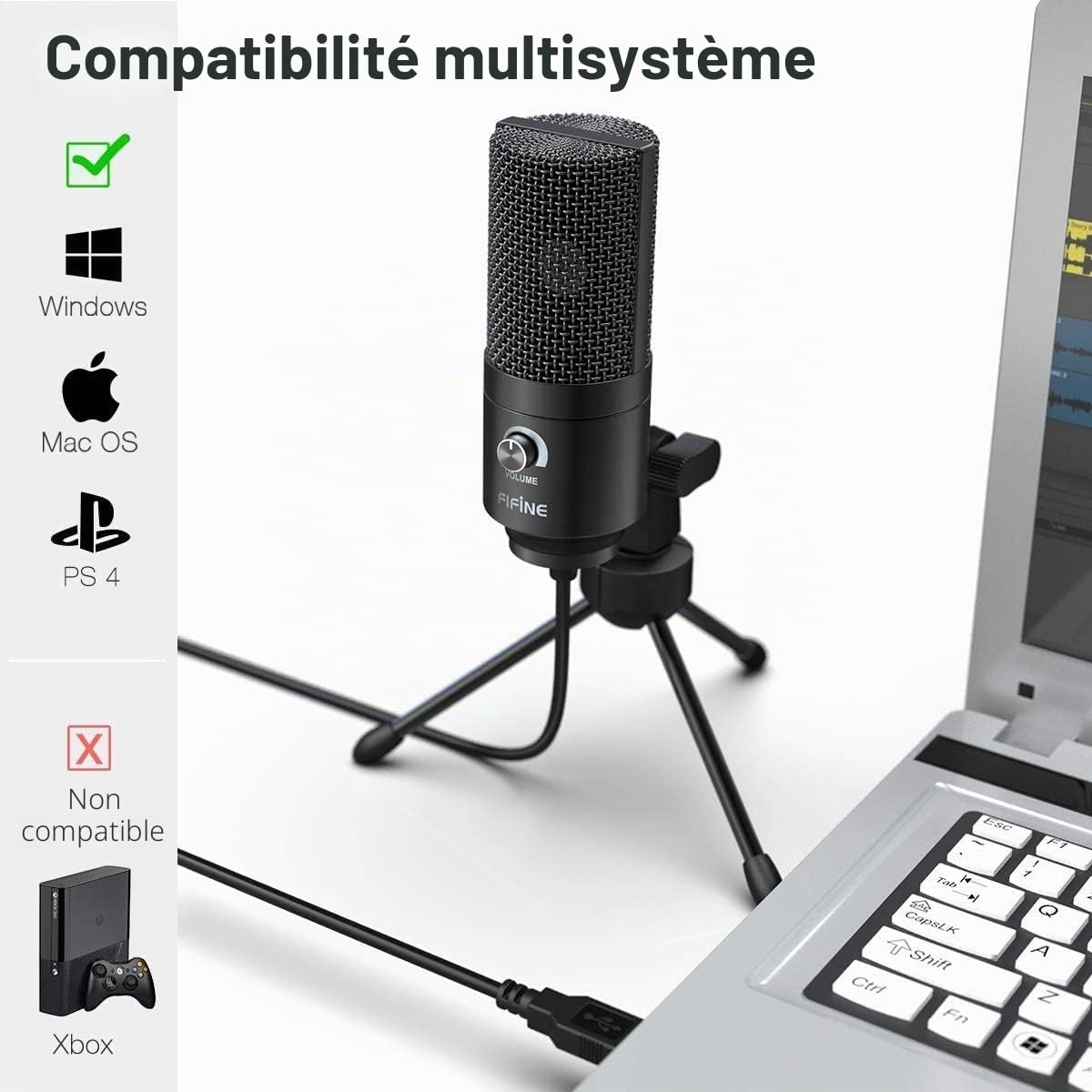 FIFINE USB Micro PC à Condensateur, Microphone Gamer pour Ordinateur PS4/PS5, Micro de Bureau de Studio Streaming Mac Windows - K669B