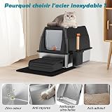 SZEETECH Stainless Steel XL Cat Litter Tray with Lid, Stainless Steel Cat Litter Box, Closed Cat Litter Box, Two Outputs, Shovel + Mat + Pedal Step - 60 x 40 x 39.5 cm (Black) - 3
