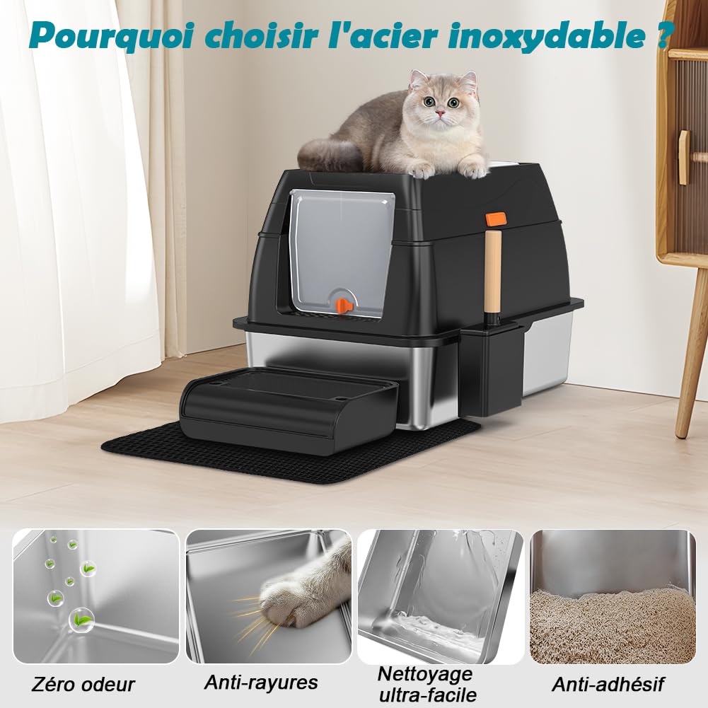 Bac Litiere pour Chat XL, Litière en Acier Inoxydable avec Couvercle, Bac Litiere pour Chat, Cat Litter Box, Pelle+Tapis+Marchepied- 60x40x39,5 cm (Noir)