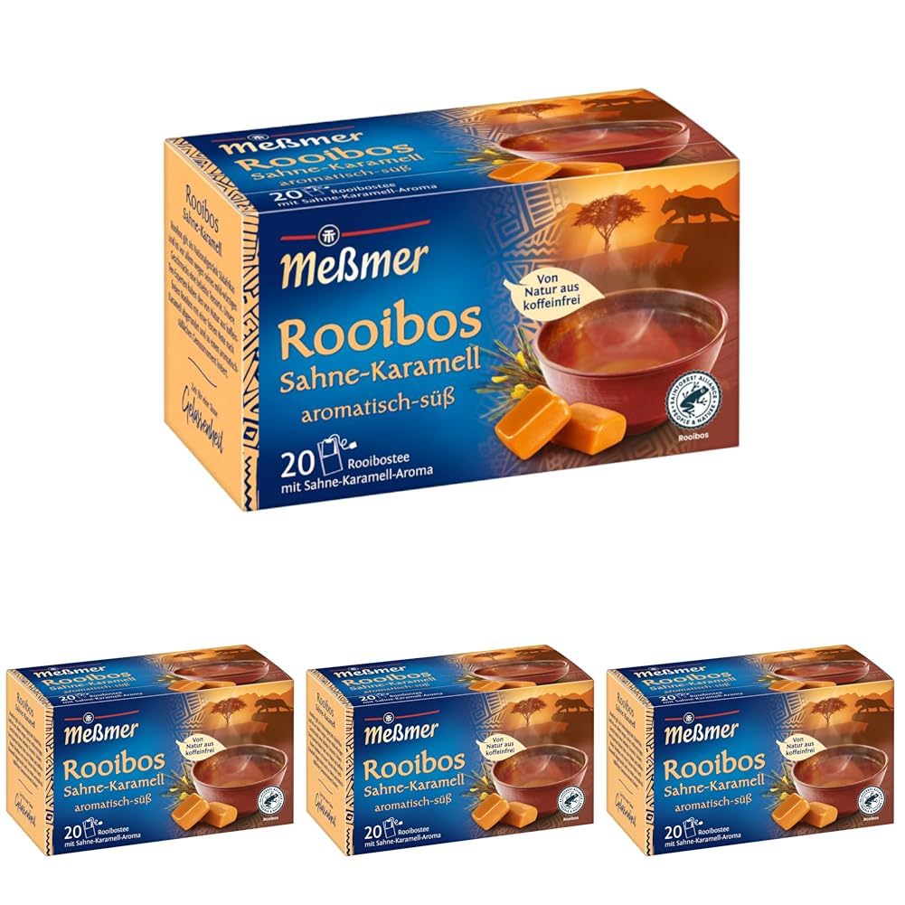 Meßmer Rooibos Sahne-Karamell Tee | aromatisiert | 20 Teebeutel | Vegan | Glutenfrei | Laktosefrei | Von Natur aus koffeinfrei (Packung mit 4)