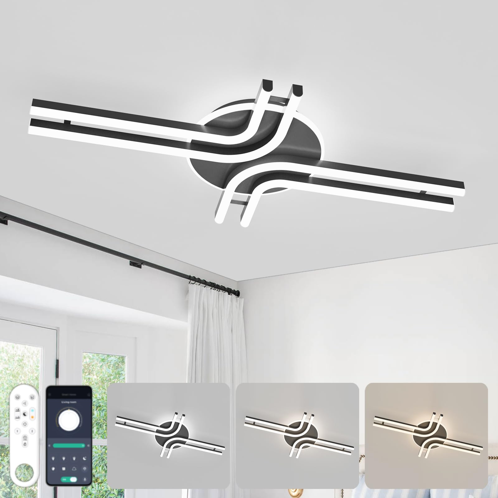 Dagea LED Dimmable Ceiling Light, 32W 3200lm Modern Dimming Ceiling Lamp with Remote Control, 70CM Ceiling Lights for Living Room Bedroom Kitchen Hallway Lighting Fixture, Black A