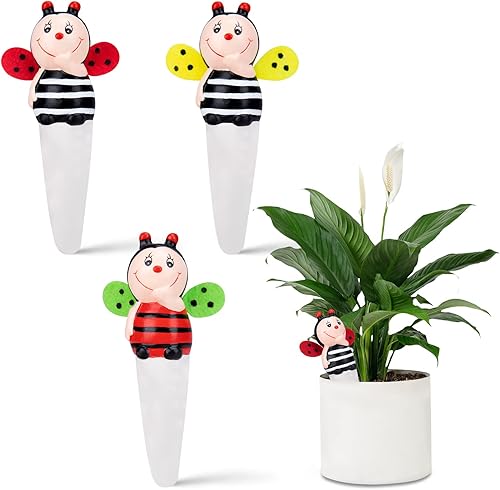 Juego de 3 picos de riego automático para plantas de agua de abejas, juego de 3 estacas de riego automático de terracota para plantas de interior y