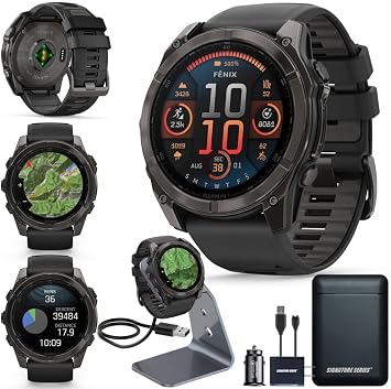 Garmin Fenix 8 Premium Multisport GPS Running Smartwatch, 51 mm | AMOLED, Dive-Rated, Built-in Flashlight | Carbon Gray DLC Titanium with Pebble Gray Band with Signature Series Charging Stand