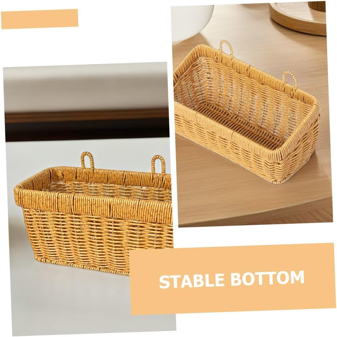 2pcs Kitchen Wall Hanging Baskets Set, Fake Rattan Woven Vegetable and Fruit Storage Bins with Hooks, Space-saving Kitchen Organizer for Garlic, Onion, and Eggs, Light Brown Large