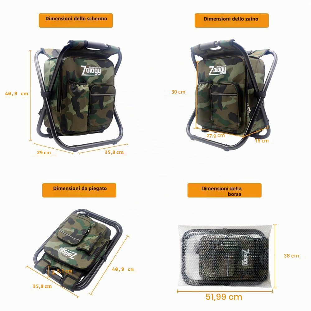 Pieghevole Sedia da Campeggio Sgabello Zaino con Borsa Picnic Isolato di Raffreddamento, Camouflage Portatile Escursionismo Seggiolone da Tavolo per Outdoor Pesca al Coperto Viaggio Beach BBQ
