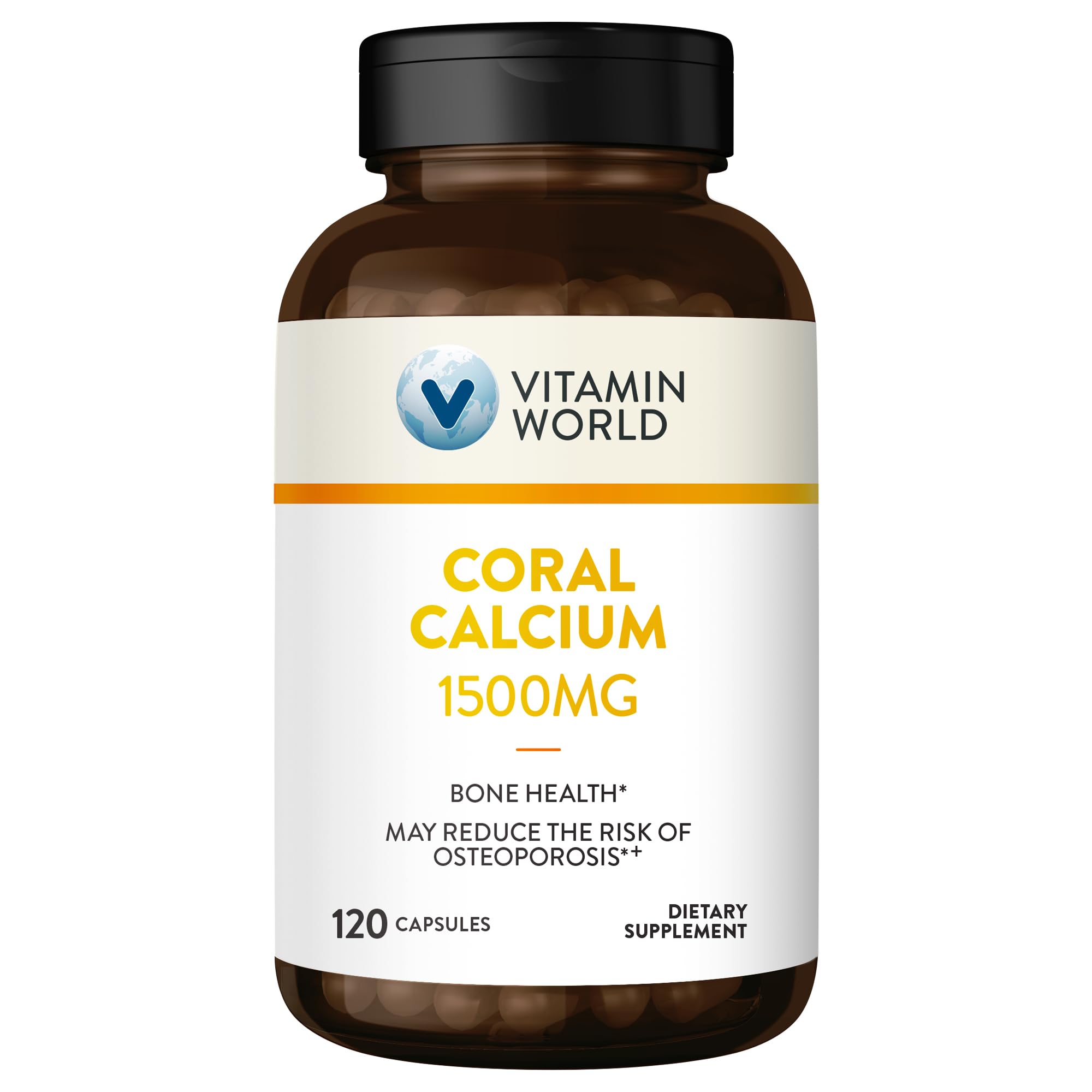 Vitamin World Coral Calcium 1500 mg. 120 Capsules, Mineral Supplement, Rapid-Release, Gluten Free