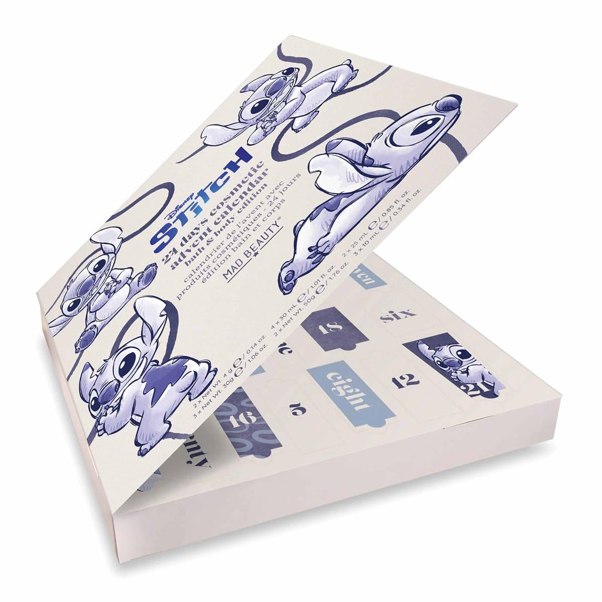 MAD Beauty Calendario de Adviento Disney STITCH con 24 productos de maquillaje y cosméticos, calendario de adviento para mujer con mascarilla, loción corporal, goma para el pelo, calendario de Navidad
