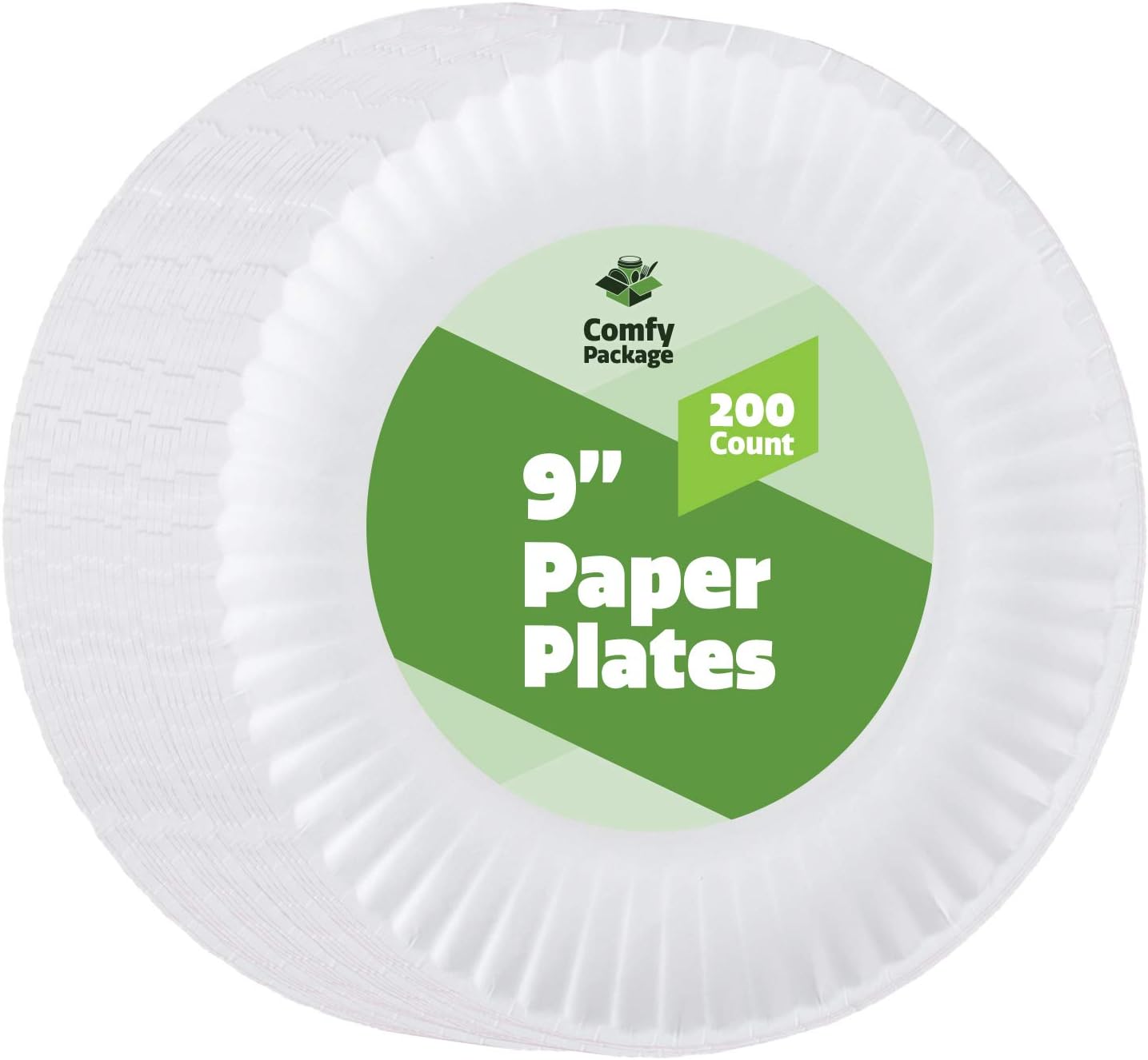 Comfy Package [Bulk Case of 6/200 Count] Disposable White Uncoated Plates - 9 Inch Large Decorative Paper Plates