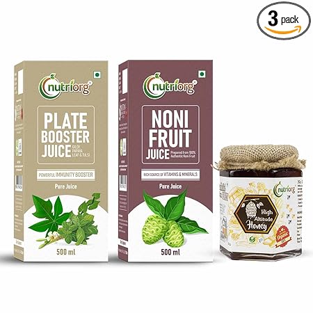 Nutriorg Plate Booster & Noni Juice With Certified Organic High Altitude Honey 250g (Combo Of 3)