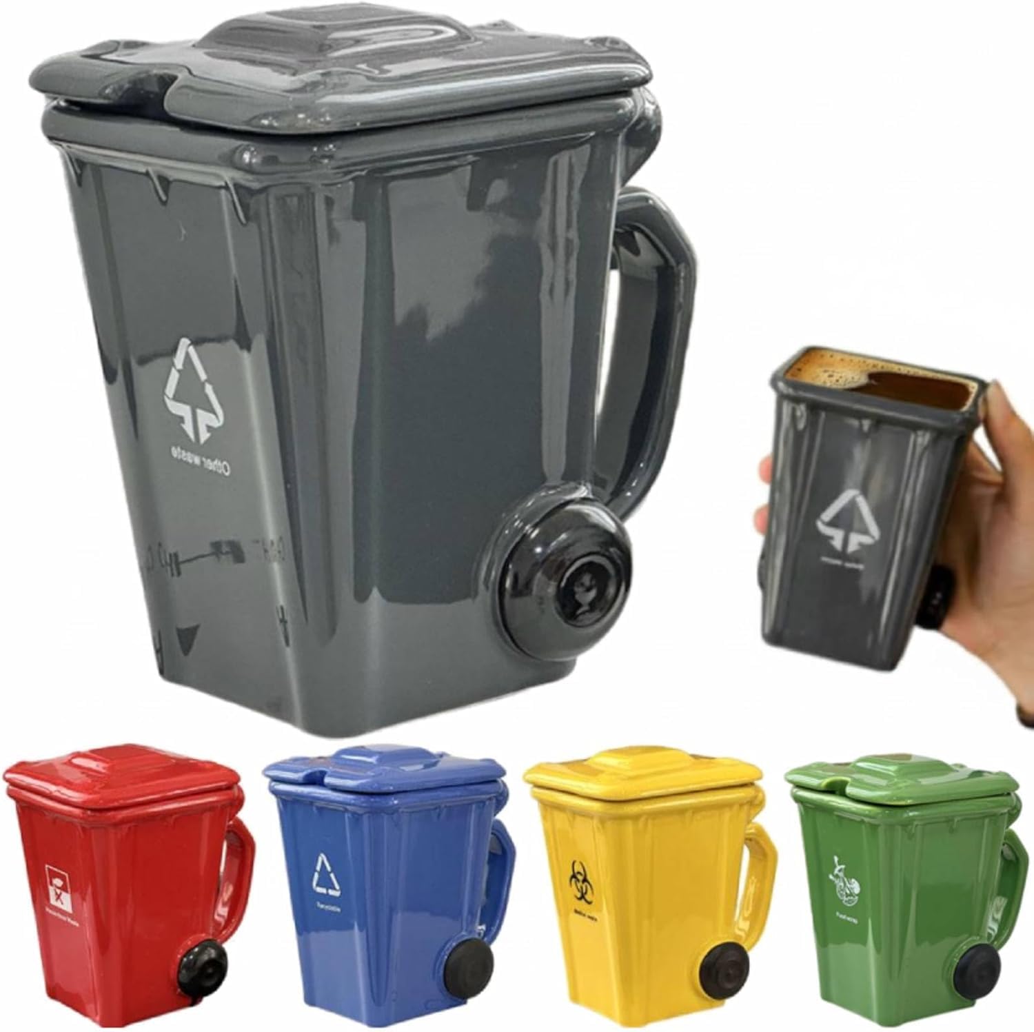 Wheelie Bin-Themed Funny Mugs, 400mL Trash Can Shaped Ceramic Coffee Cup with Complimentary Spoon, 5 Colors, Design-Led Personalised Mug - Novelty Gifts for Home & Office (Gray)