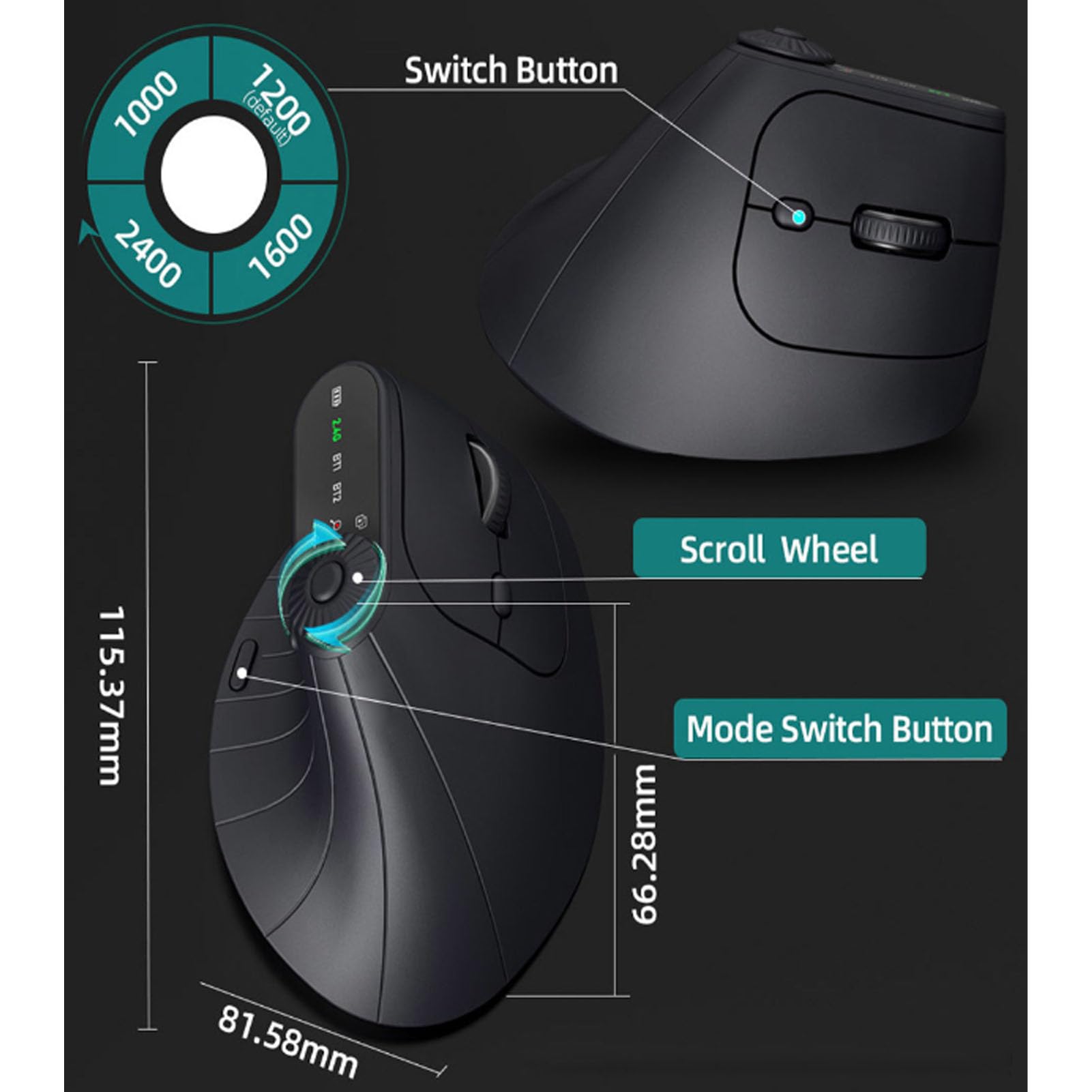 PUSOKEI Ergonomische Vertikale 2,4-G-Maus, Kabellose Wiederaufladbare Bluetooth-Maus mit Scrollrad und LED-Anzeige, 4 Einstellbare DPI, Leise Klicks für Laptop-Desktop-Computer