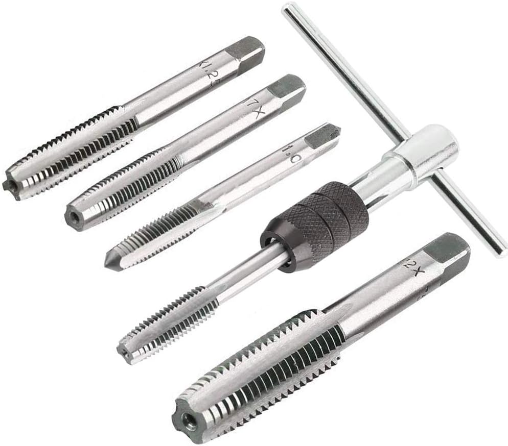 INTVN 6Pcs/Set Adjustable T-Handle Silver Ratchet Tap Holder Wrench with 5pcs M3-M8 5mm-12.5mm Machine Screw Thread Metric Plug T-Shaped Tap