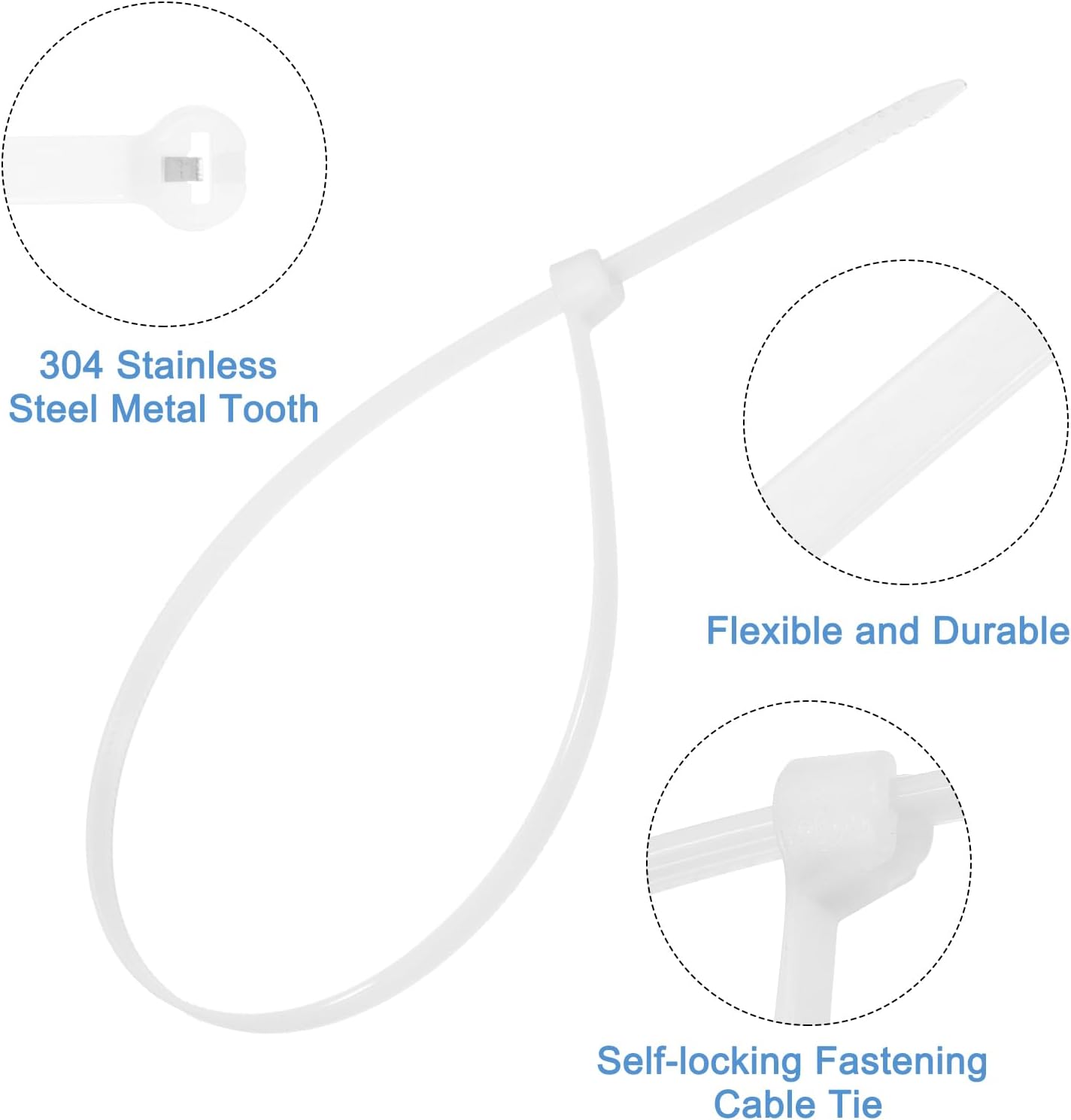 MECCANIXITY 100Pcs White Zip Ties 12 Inch, Cable Ties with Metal Tooth Stainless Steel Locking Device Nylon for Indoor Outdoor Garage