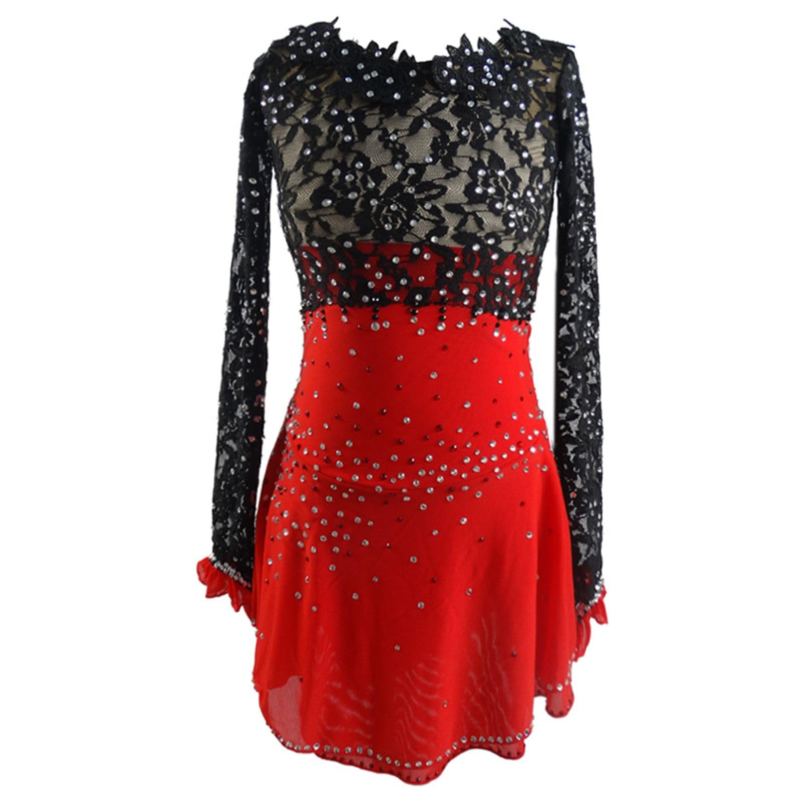 LIUHUO Eiskunstlaufkleid, schwarze Spitze, lange Ärmel, für Damen, Eiskunstlauf