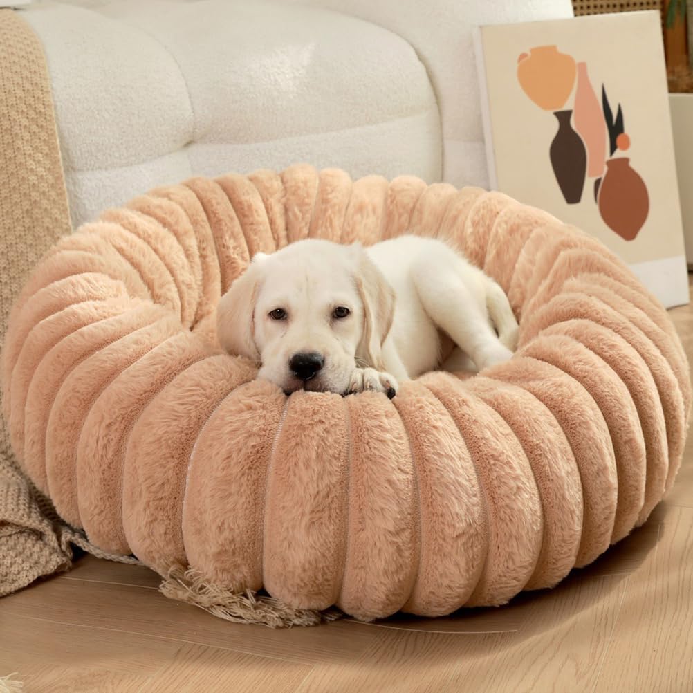 Calming Donut Pet Bed,Ultra Plush Support Anxiety Relief Round Dog Bed Washable Round Fluffy Round Bed,Brown,M