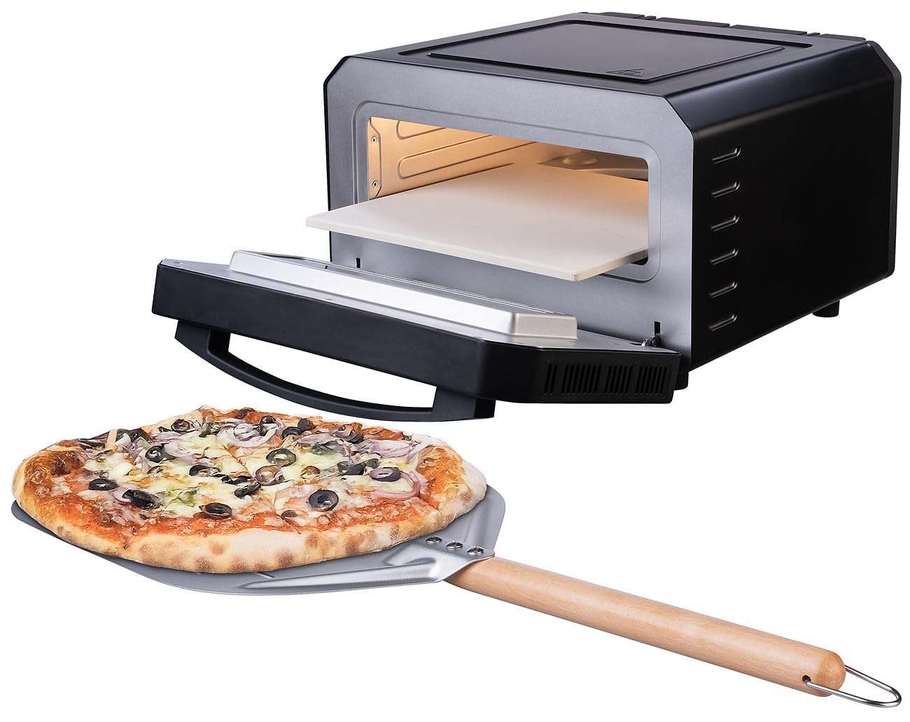Pizza-Backstationen: Elektrischer Pizzaofen mit Pizzastein, 400 °C, 1.700 W, Pizzaschieber (Pizzabackofen elektrisch, Steinofen Pizzaofen)