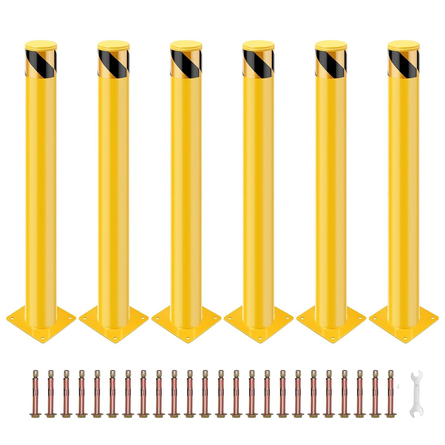 Safety Bollard, KOKEBREN 6 Packs 36 Inch Height Bollard Post, 4.5 Inch Diameter, Yellow Safety Steel Bollard Post, with 24 Anchor Bolts, for Traffic