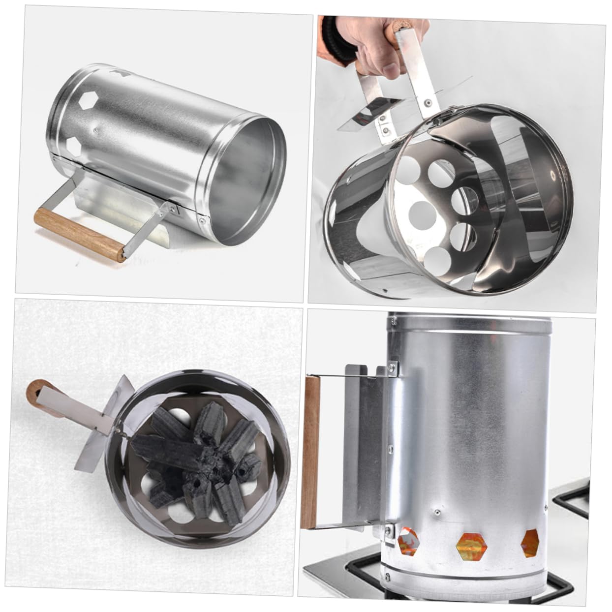 VANZACK Encendedor de Carbón con Mango de Madera para Chimenea y Barbacoa | Color Plata, Metal y Madera, Ignición Rápida y Protección Térmica, Uso en Camping y Jardín
