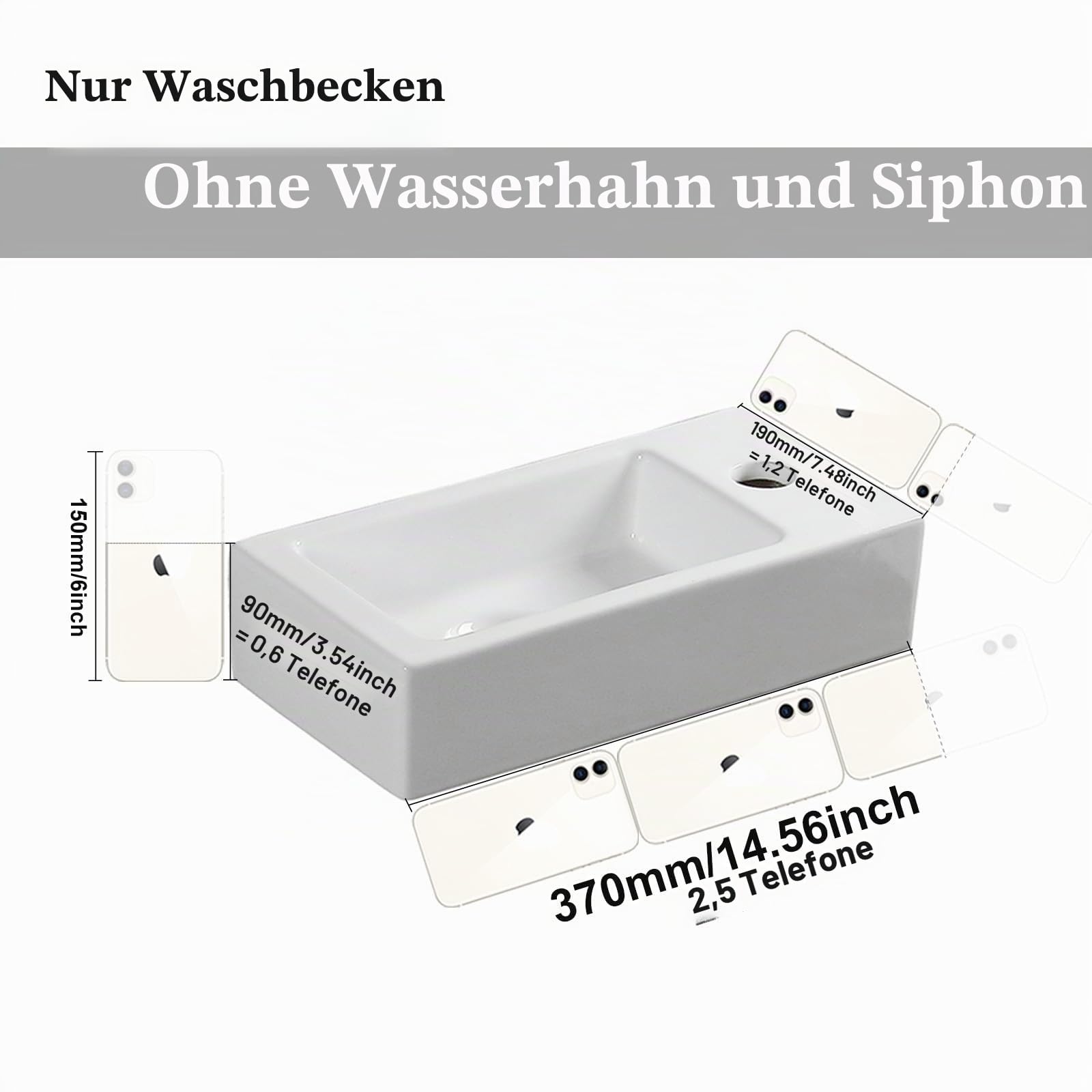 Waschbecken zur Wandmontage, klein, rechteckig, Keramik, rechts