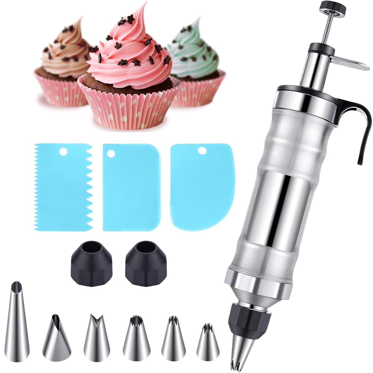 Seringue à Gâteau En Acier Inoxydable, Seringue à Garnir Réutilisable Avec 6 Douilles, Accessoire De Pâtisserie Pour Décoration De Gâteaux, Cupcakes, Beignets Et Pâtisseries
