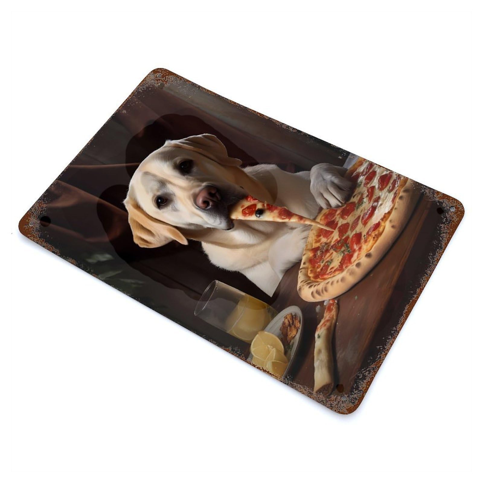 Rust Effect Labrador Retriever Pizza Aged Metal Wall Plaque 11.8"x7.9", Rustic Home Decor for Bistro, Counter And Cafe Decor