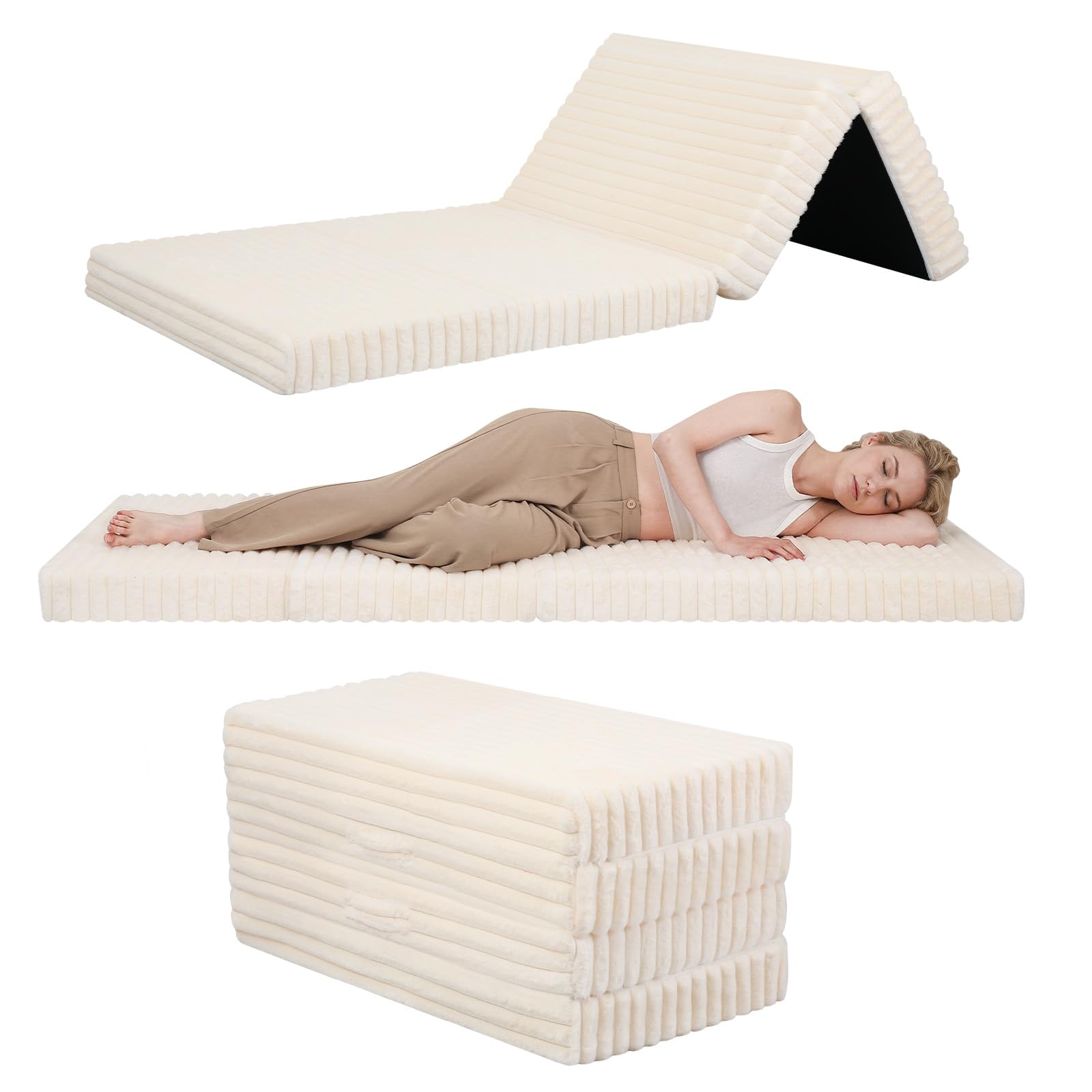 MeMoreCool Folding Floor Mattress Single 190x90cm, 4-Fold High Density Foam Foldable Futon Mattress with Washable Cover, Wide Stripe Plush Portable Guest Bed for Travel Camping, Beige