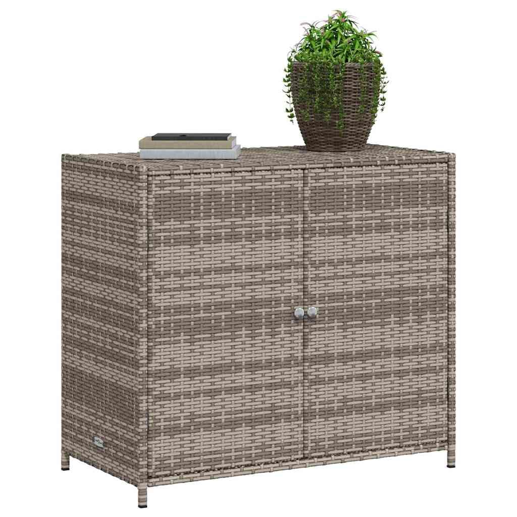 Outdoor Schrank Grau 83x45x76 cm, Poly Rattan Gartenschrank mit zwei Türen und Edelstahlgriffen, wetterbeständiger Aufbewahrungsschrank für Gartenwerkzeuge, Kissen