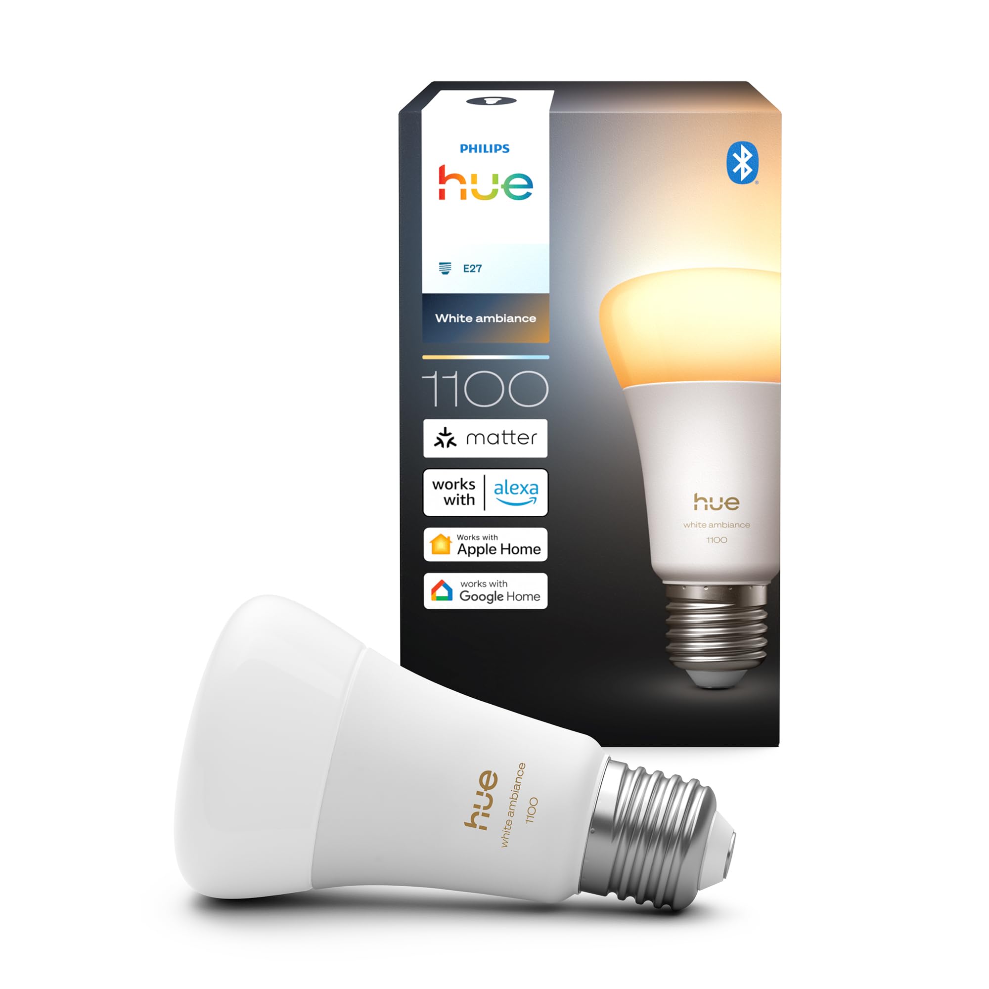 Philips Hue Philips Hue Smart LED A60 Bulb, White Ambiance, E27 Base, 8.1W, Full Spectrum Light 1000K-20000K, 1100 Lumens, Dimmable, Works with Alexa, Google Assistant, and Apple Home, 1 Pack