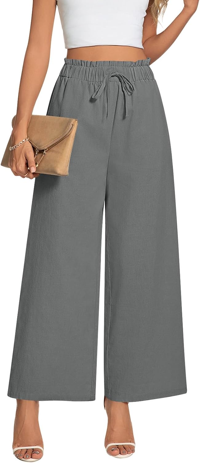 Anyally Women's Linen Summer Palazzo Pants Casual Flowy Wide Leg Drawstring High Waist Beach Trousers with Pockets - Image 4