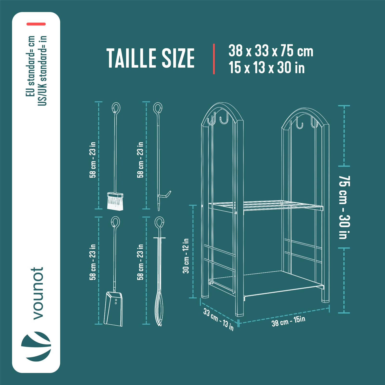 VOUNOT Regał na drewno kominkowe z 4 sztukami kominkowymi, metalowy regał na drewno opałowe do użytku wewnątrz i na zewnątrz, 2 półki, czarny, 38 x 33 x 75 cm