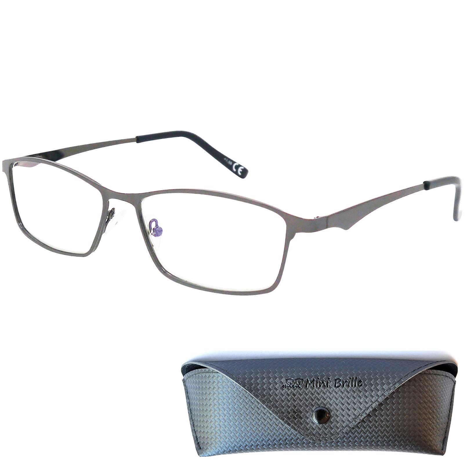 Mini Brille Gafas de Lectura Elegantes con Cristales Rectangulares, Montura Cuadradas de Acero Inoxidable con Patillas de Plástico, Funda incluye, Gafas Para Leer Hombre y Mujer