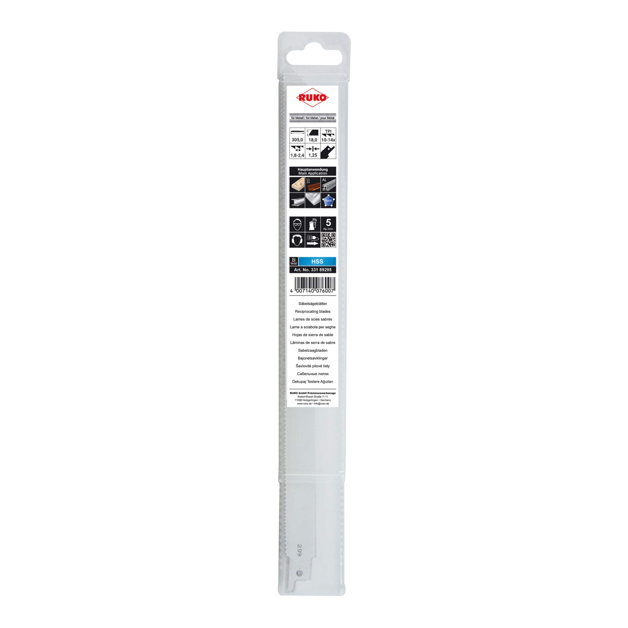 RUKO 33189295 - Pack de 5 sierras de sable bimetal con vástago universal 1/2", para metal y madera, 300 mm (Equivalencia Bosch S 1225 VF)