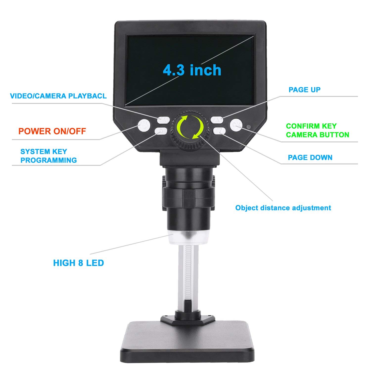 G1000 1000X 2.0 Mp cyfrowy mikroskop elektroniczny USB 4,3" duża podstawa wyświetlacz LCD 8Mp 1-1000X Lupa ze wzmocnieniem ciągłym