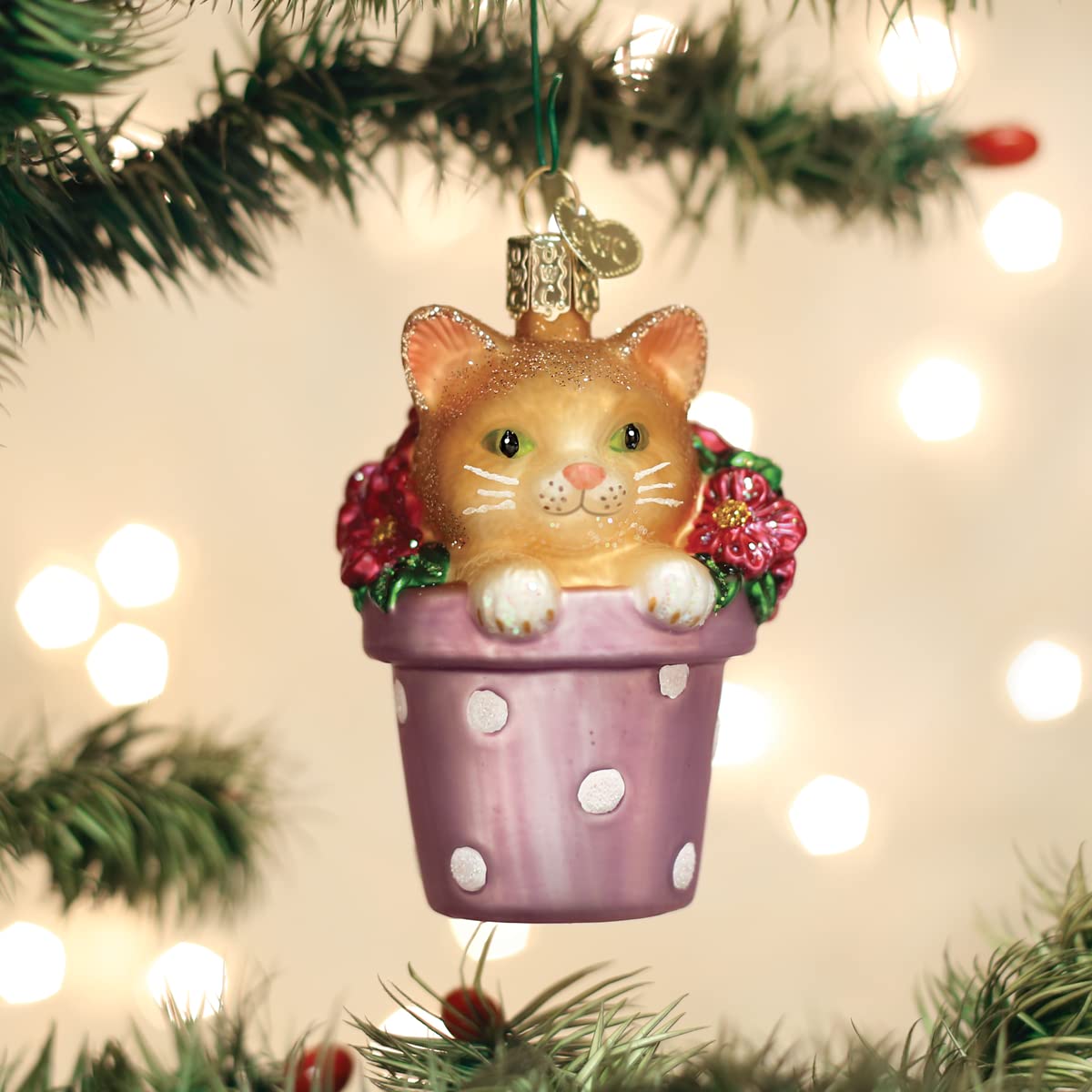 Old World Christmas Adorno de Gatito en Maceta de Vidrio soplado para árbol de Navidad