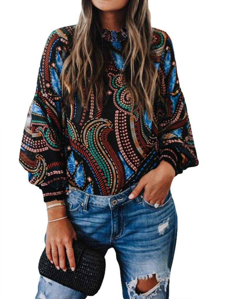 LadmousWomens Button Back Tops Balloon Sleeve Loose Casual Workout O Neck Blouses