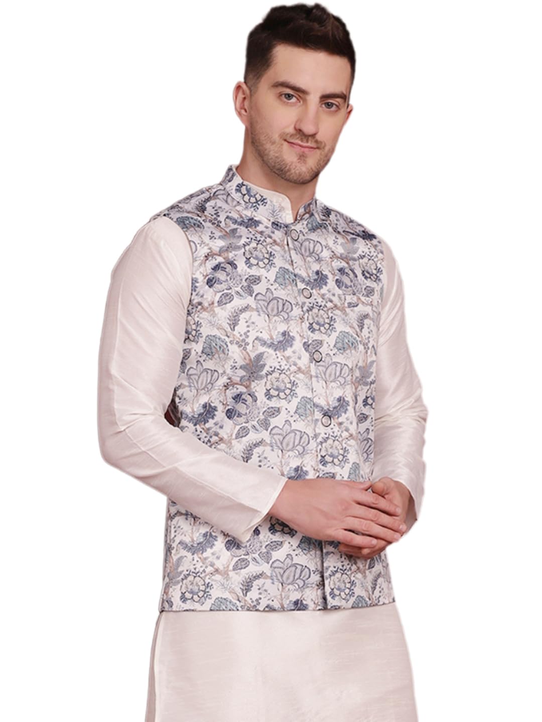 Maple Clothing Men's Indian Waistcoat Traditional Nehru Jacket Floral Modi Vest Medium White