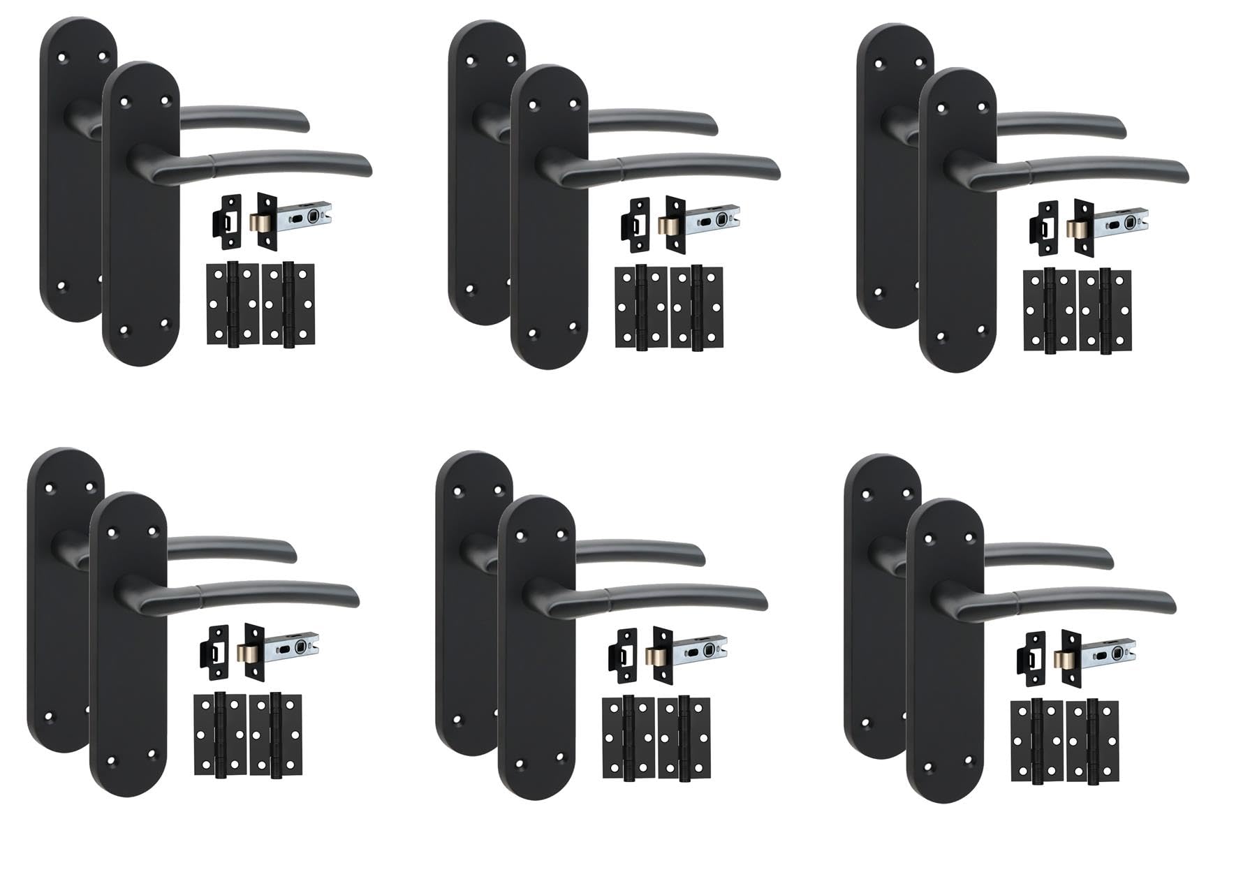 Golden Grace Matt Black 6 Pair Victorian Long Plate Indiana Design Internal Door Handle Sets 182 X 45Mm With 2.5" Latch & Hinges