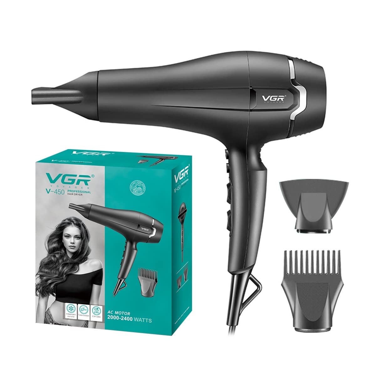 VGR V-450 Professional Salon Series Hair Dryer 2000-2400W AC Motor 3 Heat Setting Independent Cool Shot Styling Comb Nozzle Concentrator Overheating Protection with Turbo Function & 2 Speed Setting