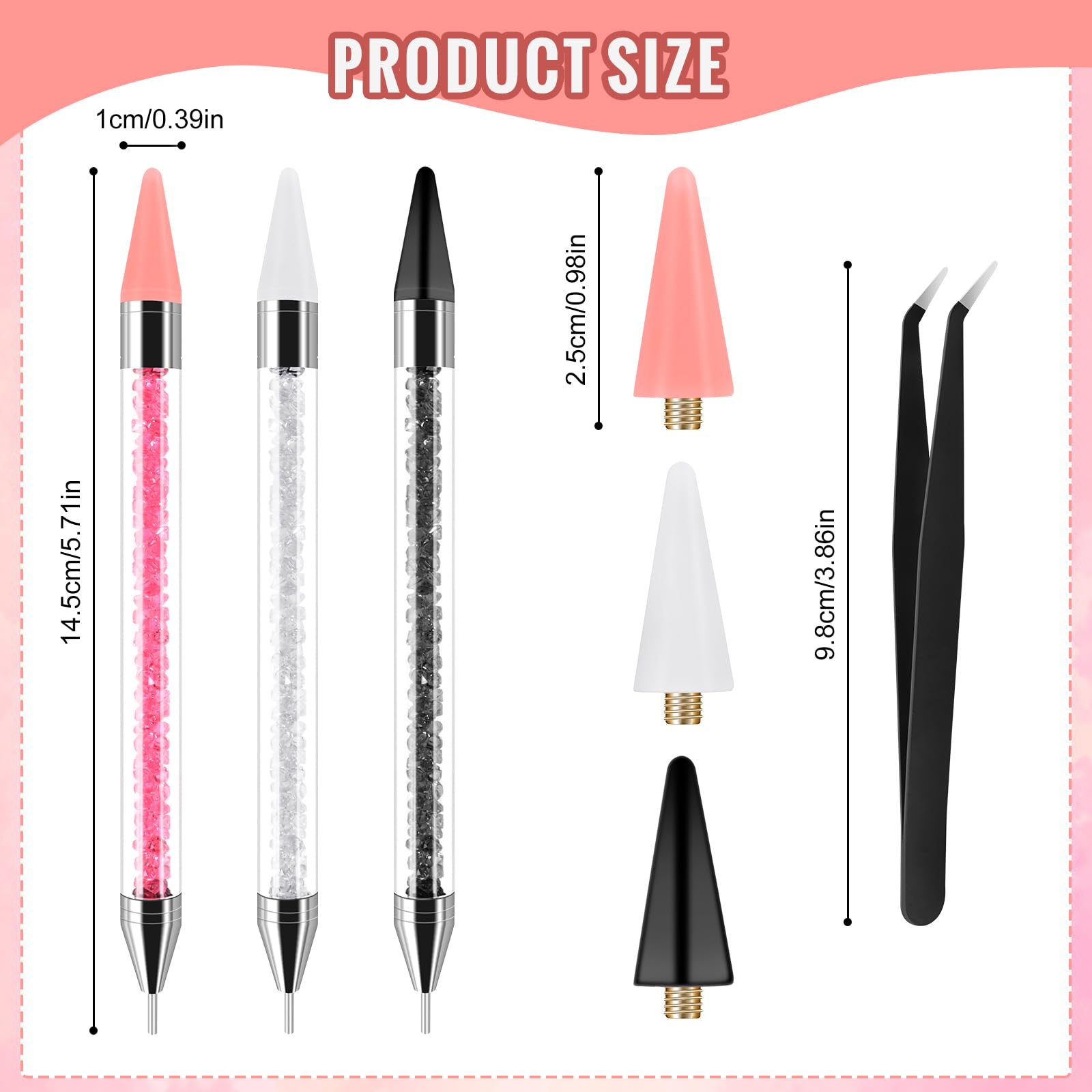 7 Pcs Rhinestone Picker Tool-3 Pcs Double-ended Wax Pencil for Rhinestones Rhinestones Applicator with 3 Extra Wax Tips and 1 Tweezer for Nail Art and DIY Decoration (Black - Image 2