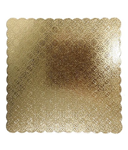 Cake Board - Thick Strong Compact Heavyweight Non-Corrugated Cardboard - Scalloped Square with White Bottom and Embossed Gold-Foil Top (Pack of 5, 9-7/8