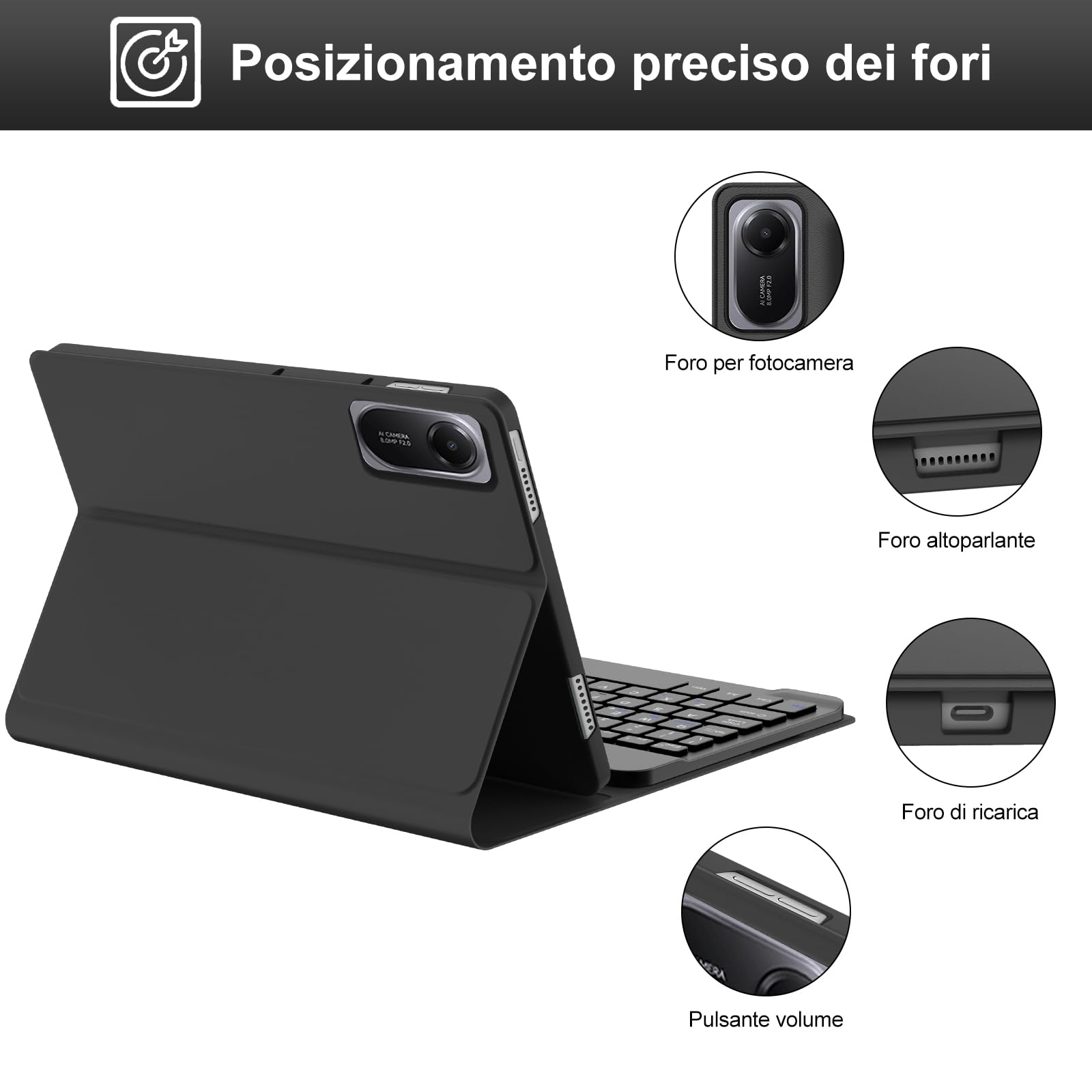 IVEOPPE Tastiera per Xiaomi Redmi Pad 2/ Remi SE 11", Cover con Tastiera Rimovibile, Keyboard Italiano QWERTY Bluetooth, Custodia con Portapenna, Nero