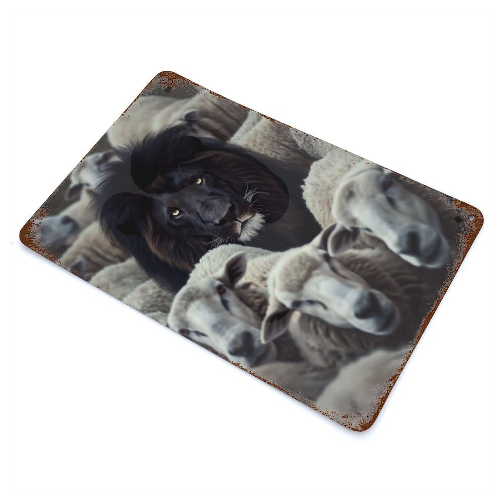 Aged Metal Wall Plaque with Black Lion Sheep Design 11.8"x7.9", for Farmhouse, Kitchen And Entryway Decor, Old School Wall Decor