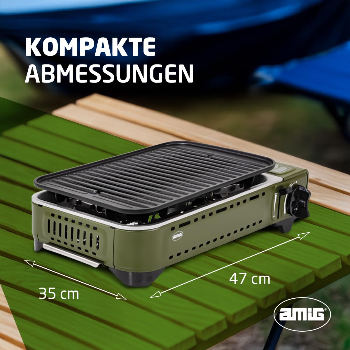 Amig - Camping Gas BBQ01, Tragbare Küche, Grillkocher - Aluminiumguss Grillplatte, Mit Edelstahl-Fettauffangschale, 1,8 kW Leistung, Kompatibel mit B-250 Kartuschen