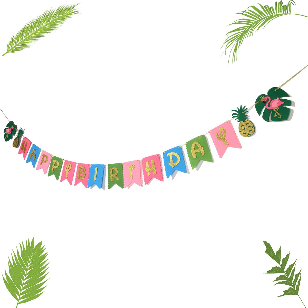 Decoración de fiesta de cumpleaños hawaiana para fiesta de verano Luau, pancarta de cumpleaños dorada con purpurina para fiesta Aloha, palma de coco y fiesta en la playa, pancarta de feliz cumpleaños