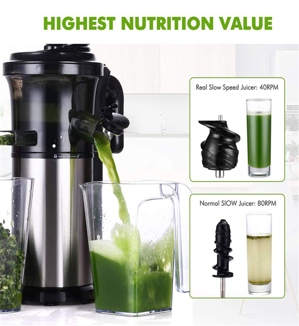 Licuadora Prensado En Frio, Licuadora para Verduras Y Frutas Licuadora Profesional Extractor De Zumos con Función Inversa Motor Silencioso Limpieza Fácil con Cepillo 200W 40RPM