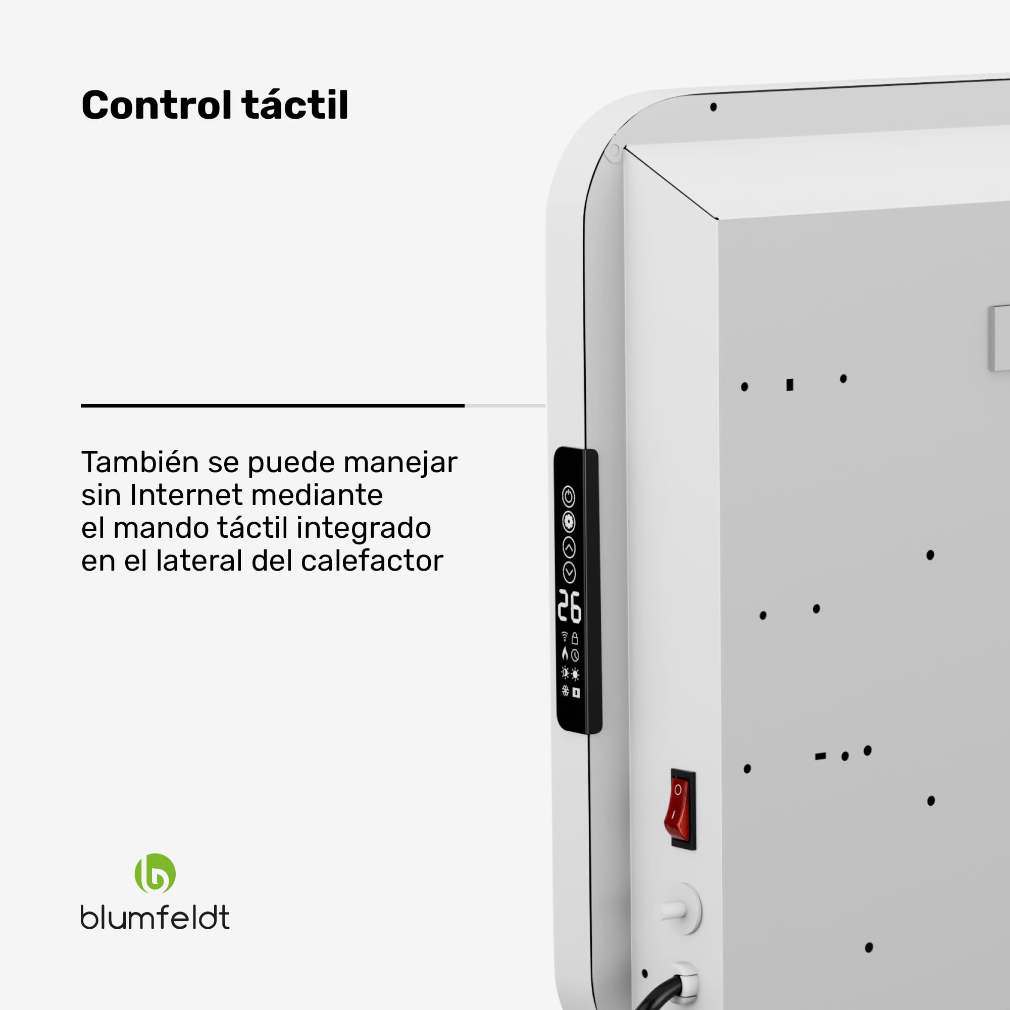 Blumfeldt Calefactor infrarrojos, 2000W - pared/pie, grafeno, control por app y táctil, termostato, IP24, protección sobrecalentamiento/vuelco, para habitaciones hasta 20m², blanco