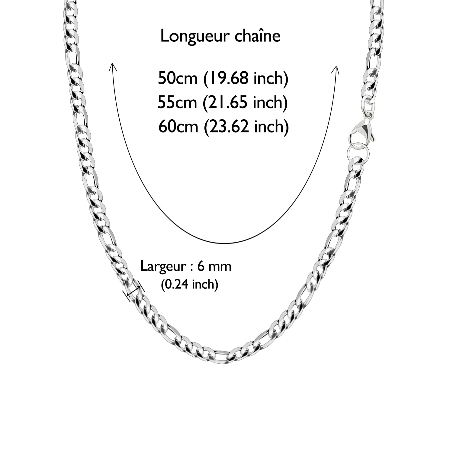 Aurstore - Collana da uomo ro in acciaio inox argentato, lunghezza: 50 cm, 55 cm e 60 cm a scelta